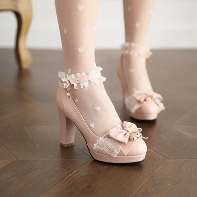 Girl Student Leather Shoes High Heels Thick Heel Single Shoes Bow Dress Female Ooho