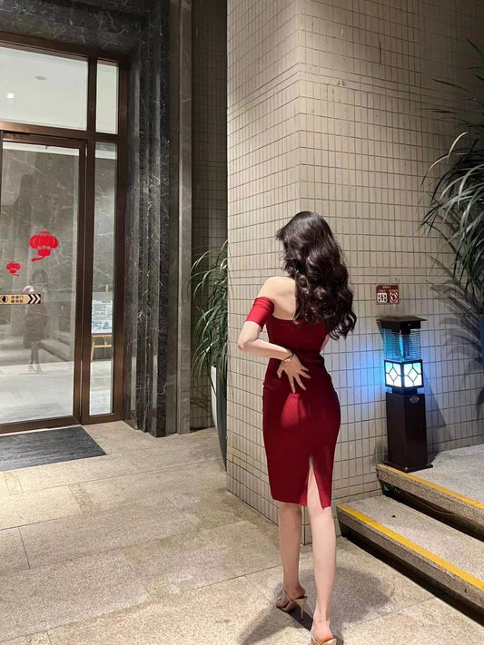 Elegant Red Dress for Women | Fashion Temperament Slim Fit Party Dress Ooho