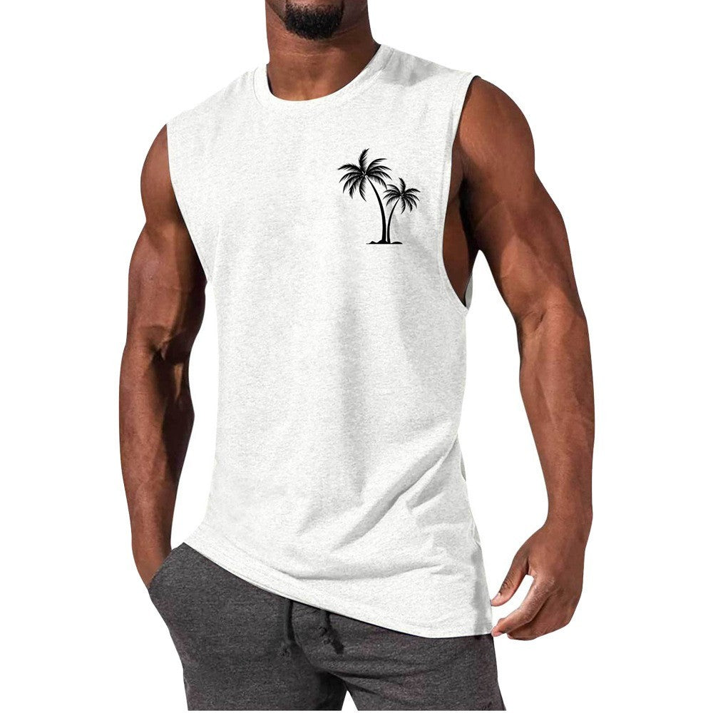 Coconut Tree Embroidery Vest Summer Beach Tank Tops Workout Muscle Men Sports Fitness T-shirt Ooho