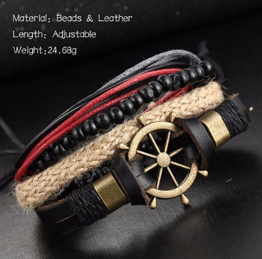 Vintage Ship Rudder Leather Bracelet Hand-Woven Multi-Layer Male And Female Bracelets Ooho