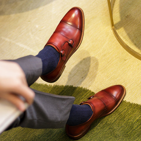 Business Formal Wear Men's Monk Monk Shoes Cowhide Handmade Leather Shoes Ooho