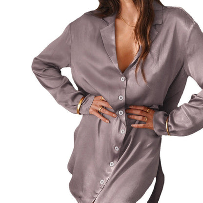 Women's Casual Long Sleeve Loose Lapels Shirt Nightdress Ooho