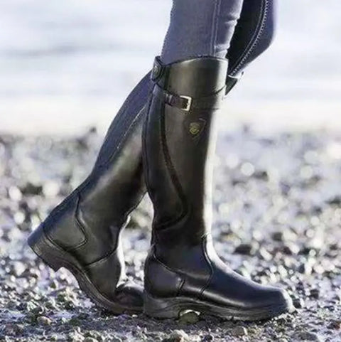 Classic Fashion Riding Western Boots Winter Knee Buckle Boots High Block Heel Round Toe Shoes For Women Ooho