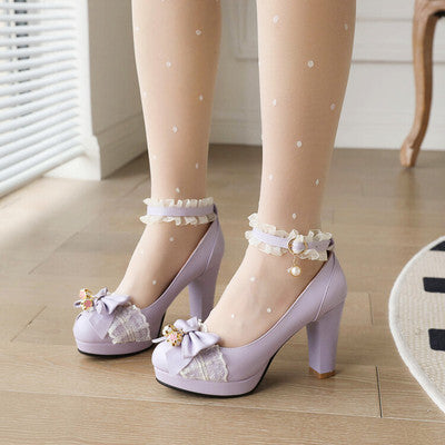 Girl Student Leather Shoes High Heels Thick Heel Single Shoes Bow Dress Female Ooho