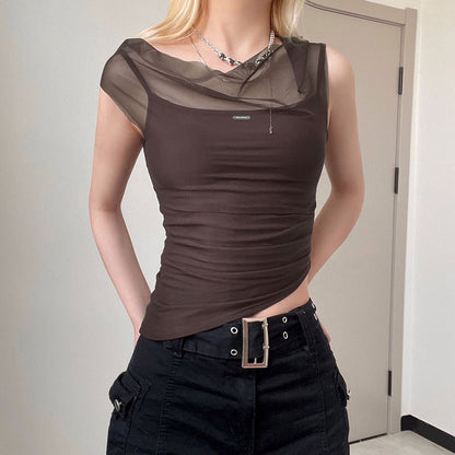 Mesh Spliced Irregular Strap Tank Top For Women Ooho