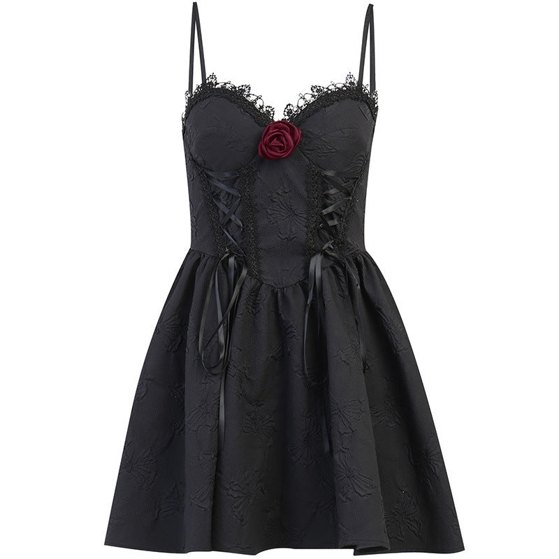 Rose Dark Jacquard Slip Dress for Women | Elegant Floral Textured Midi Dress Ooho