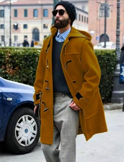 Retro Horn Button Hooded Woolen Trench Coat Men Ooho