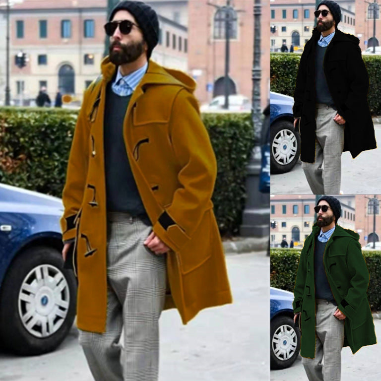 Retro Horn Button Hooded Woolen Trench Coat Men Ooho