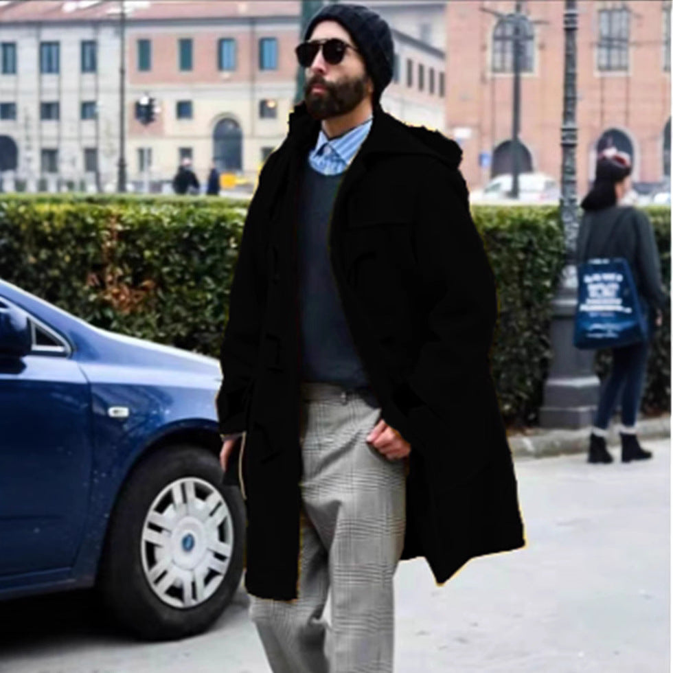 Retro Horn Button Hooded Woolen Trench Coat Men Ooho