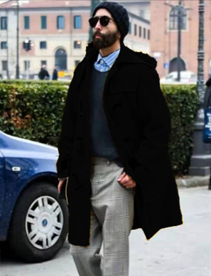 Retro Horn Button Hooded Woolen Trench Coat Men Ooho