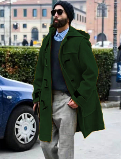 Retro Horn Button Hooded Woolen Trench Coat Men Ooho