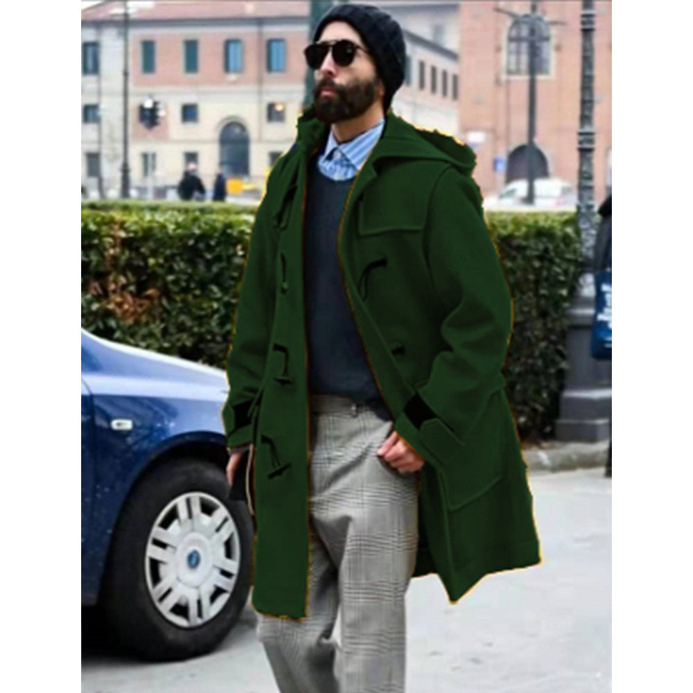 Retro Horn Button Hooded Woolen Trench Coat Men Ooho
