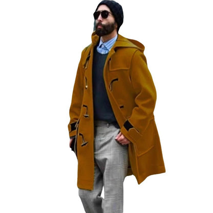 Retro Horn Button Hooded Woolen Trench Coat Men Ooho