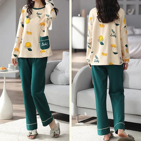 Loose Print Pajamas Women Autumn Winter Pyjama Set Long Sleeves And Trousers Elegant Sleepwear Girl Loungewear Home Clothes Ooho