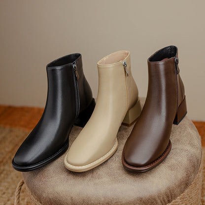Simple All-match Soft Cowhide Boots Autumn And Winter New Thick Mid Heel Round Toe Brown Ankle Boots For Women Ooho