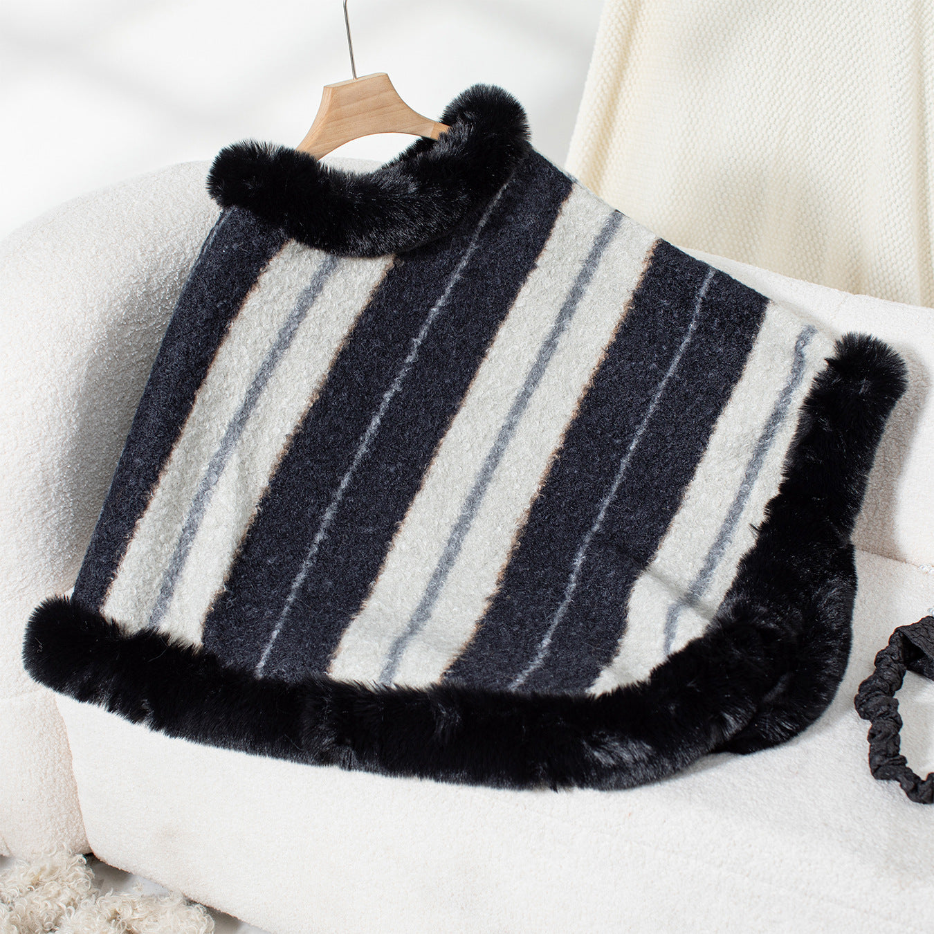 Cape Fur Collar Striped Knitted Shawl Sweater For Women Ooho