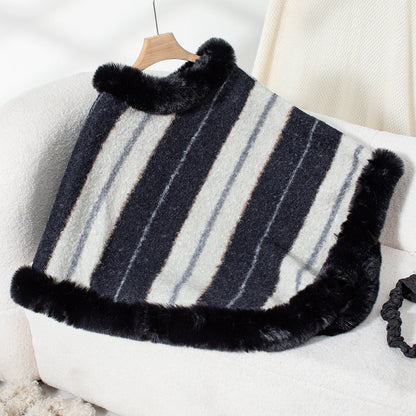 Cape Fur Collar Striped Knitted Shawl Sweater For Women Ooho