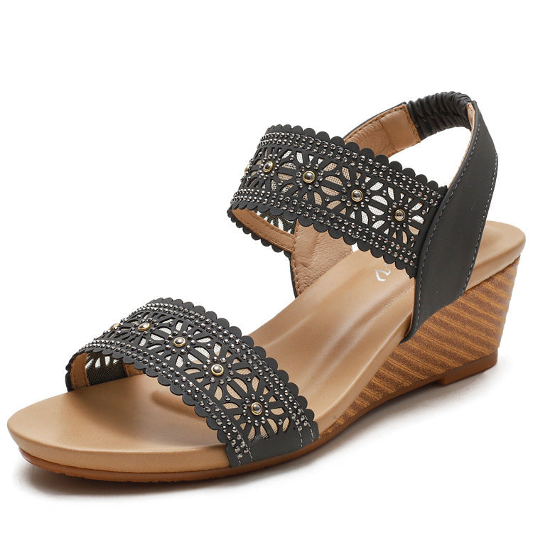 Flower Hollow Out Sandals With Rhinestones Wedges Shoes Women Ooho