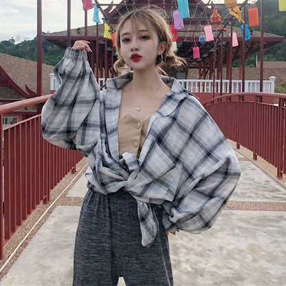 Women Blouses Shirts Plaid Oversize Thin Casual Sun-protect Ooho