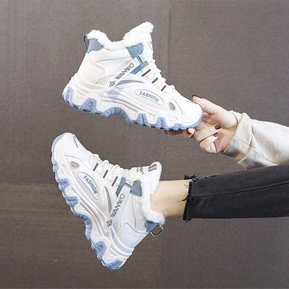 Fashion Black White Lace-up Sneakers Winter Warm All-match Plush Shoes Women Plus Velvet Fleece Flat High-top Sports Shoes Ooho