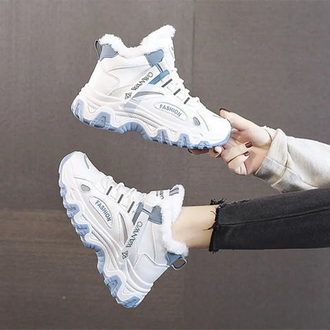 Fashion Black White Lace-up Sneakers Winter Warm All-match Plush Shoes Women Plus Velvet Fleece Flat High-top Sports Shoes Ooho