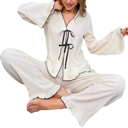 V-neck Lace-up Close-edge Cardigan Long-sleeved Pants Ooho