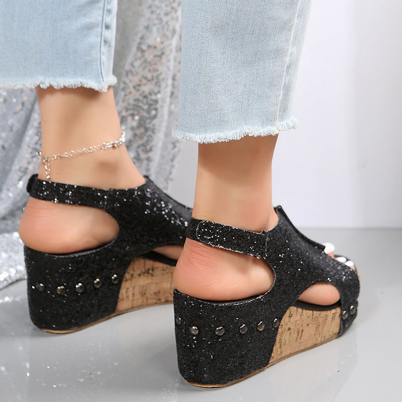 Summer Chunky Wedges Sandals Fashion Sequins Velcro Shoes Women Ooho