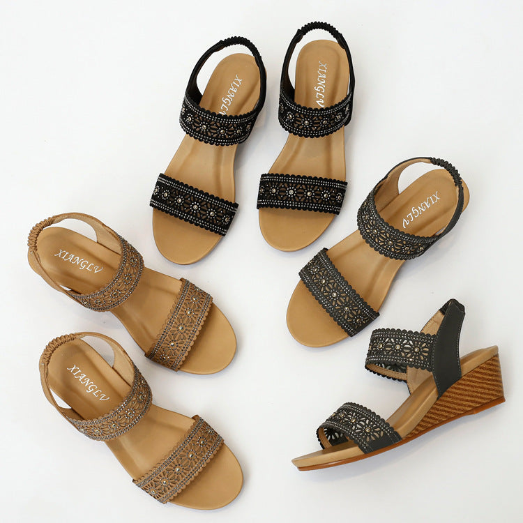 Flower Hollow Out Sandals With Rhinestones Wedges Shoes Women Ooho
