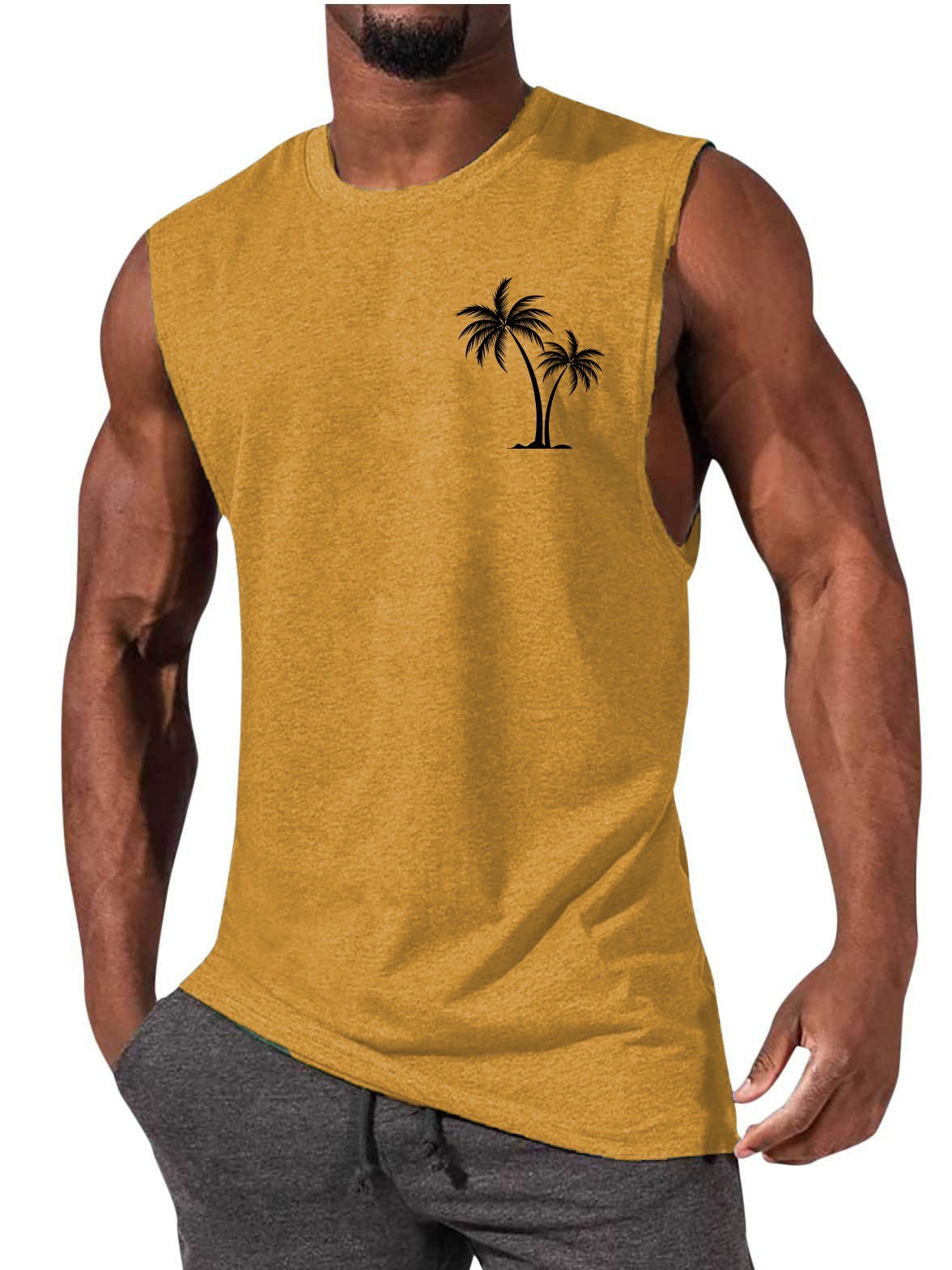Coconut Tree Embroidery Vest Summer Beach Tank Tops Workout Muscle Men Sports Fitness T-shirt Ooho