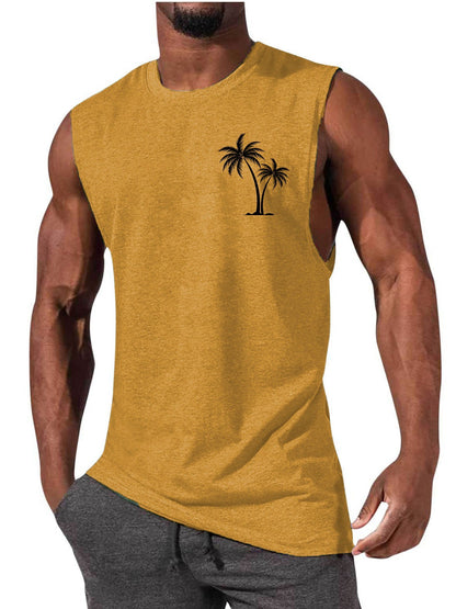 Coconut Tree Embroidery Vest Summer Beach Tank Tops Workout Muscle Men Sports Fitness T-shirt Ooho