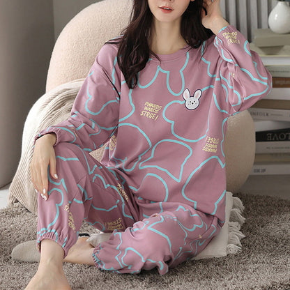 Loose Print Pajamas Women Autumn Winter Pyjama Set Long Sleeves And Trousers Elegant Sleepwear Girl Loungewear Home Clothes Ooho