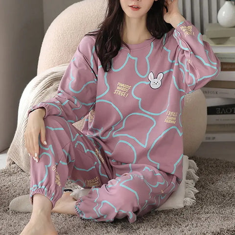 Loose Print Pajamas Women Autumn Winter Pyjama Set Long Sleeves And Trousers Elegant Sleepwear Girl Loungewear Home Clothes Ooho