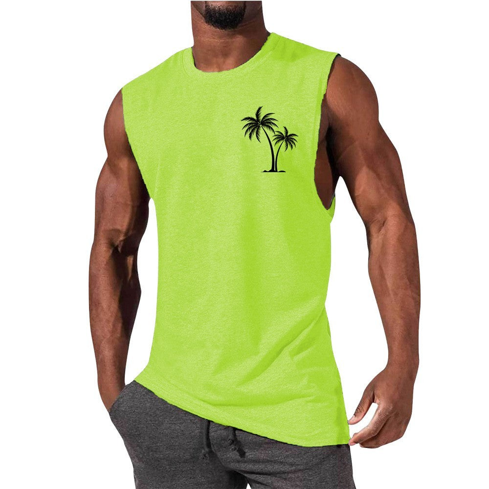 Coconut Tree Embroidery Vest Summer Beach Tank Tops Workout Muscle Men Sports Fitness T-shirt Ooho