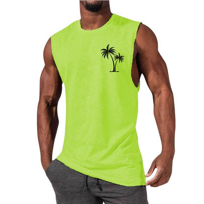 Coconut Tree Embroidery Vest Summer Beach Tank Tops Workout Muscle Men Sports Fitness T-shirt Ooho