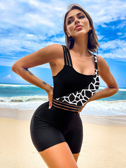 Boxer One-piece Solid Color Stitching Swimsuit For Women Ooho