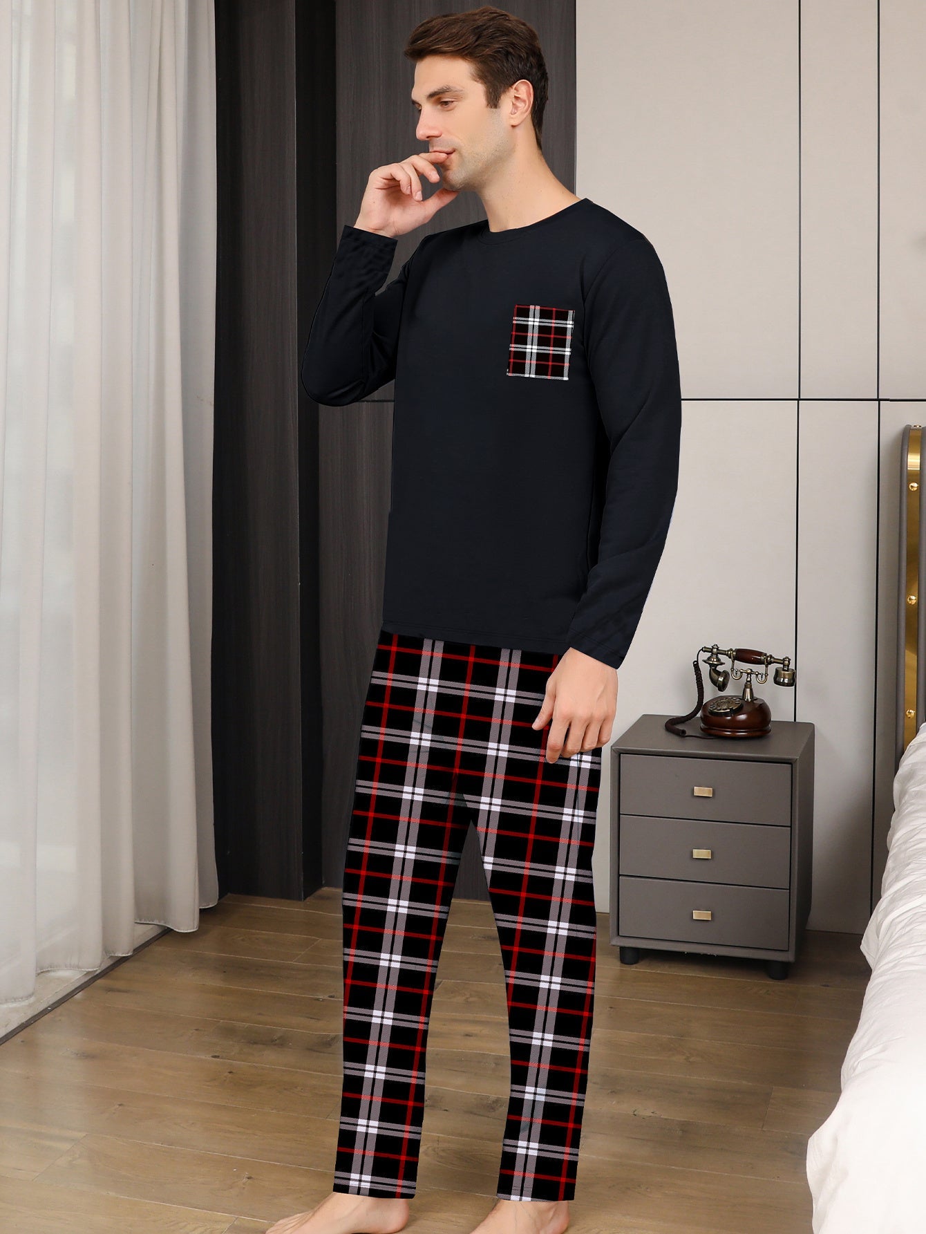 Ice Silk Long Sleeve Long Pants Men's Pajama Set Ooho