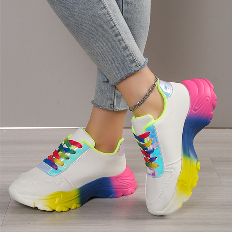 INS Style Rainbow Color Sports Shoes For Women Thick Bottom Lace-up Sneakers Fashion Casual Lightweight Running Walking Shoes Ooho
