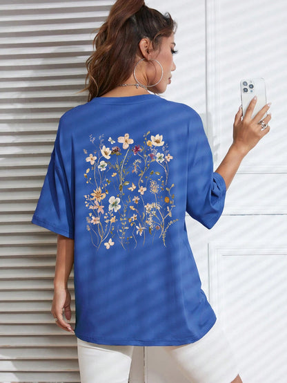 Beautiful Flower Clusters Print Cotton Women T-shirts Casual Ooho