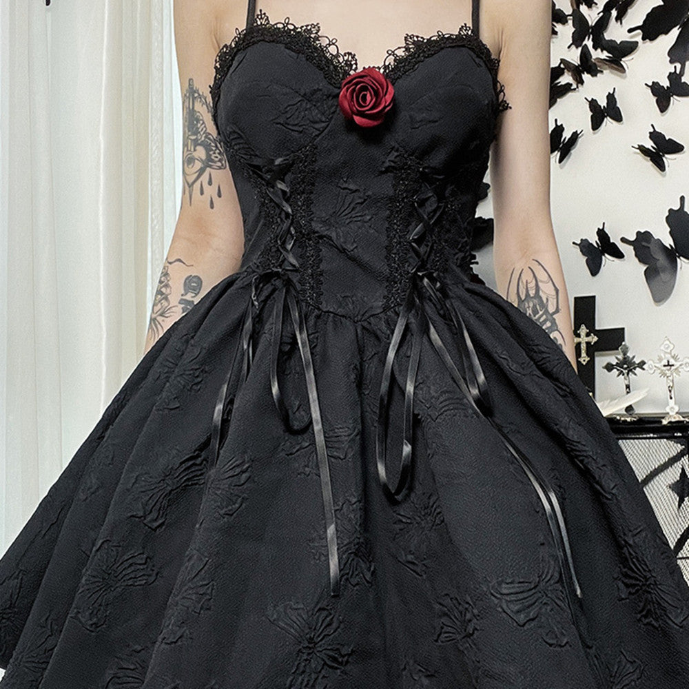 Rose Dark Jacquard Slip Dress for Women | Elegant Floral Textured Midi Dress Ooho