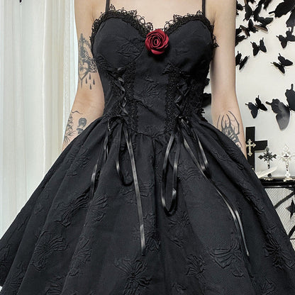Rose Dark Jacquard Slip Dress for Women | Elegant Floral Textured Midi Dress Ooho