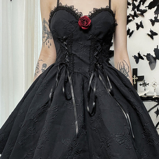 Rose Dark Jacquard Slip Dress for Women | Elegant Floral Textured Midi Dress Ooho