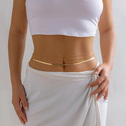 Classic Flat Snake Link Waist Chain Imitation Pearl Beads for Women Sexy Belly Body Chains Jewelry Party Summer Street Ooho