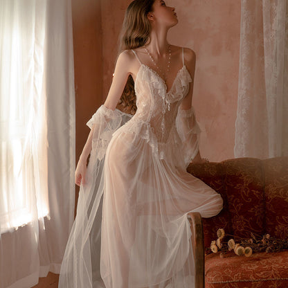 Women Chemise White Polyester Lace Sheer Stretch Chemise Overcoat Panty 3-Piece Set Sexy Lingerie Outfit Ooho