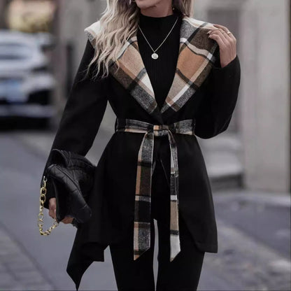 Lace-up Plaid Color Matching Wool Mid-length Trench Coat for Women – Elegant & Cozy Outerwear Ooho