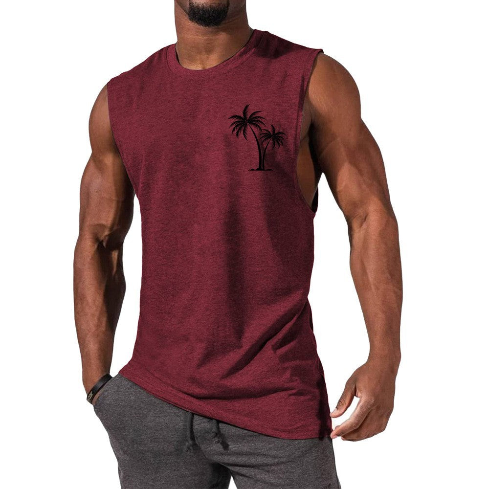 Coconut Tree Embroidery Vest Summer Beach Tank Tops Workout Muscle Men Sports Fitness T-shirt Ooho