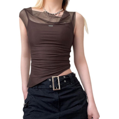 Mesh Spliced Irregular Strap Tank Top For Women Ooho