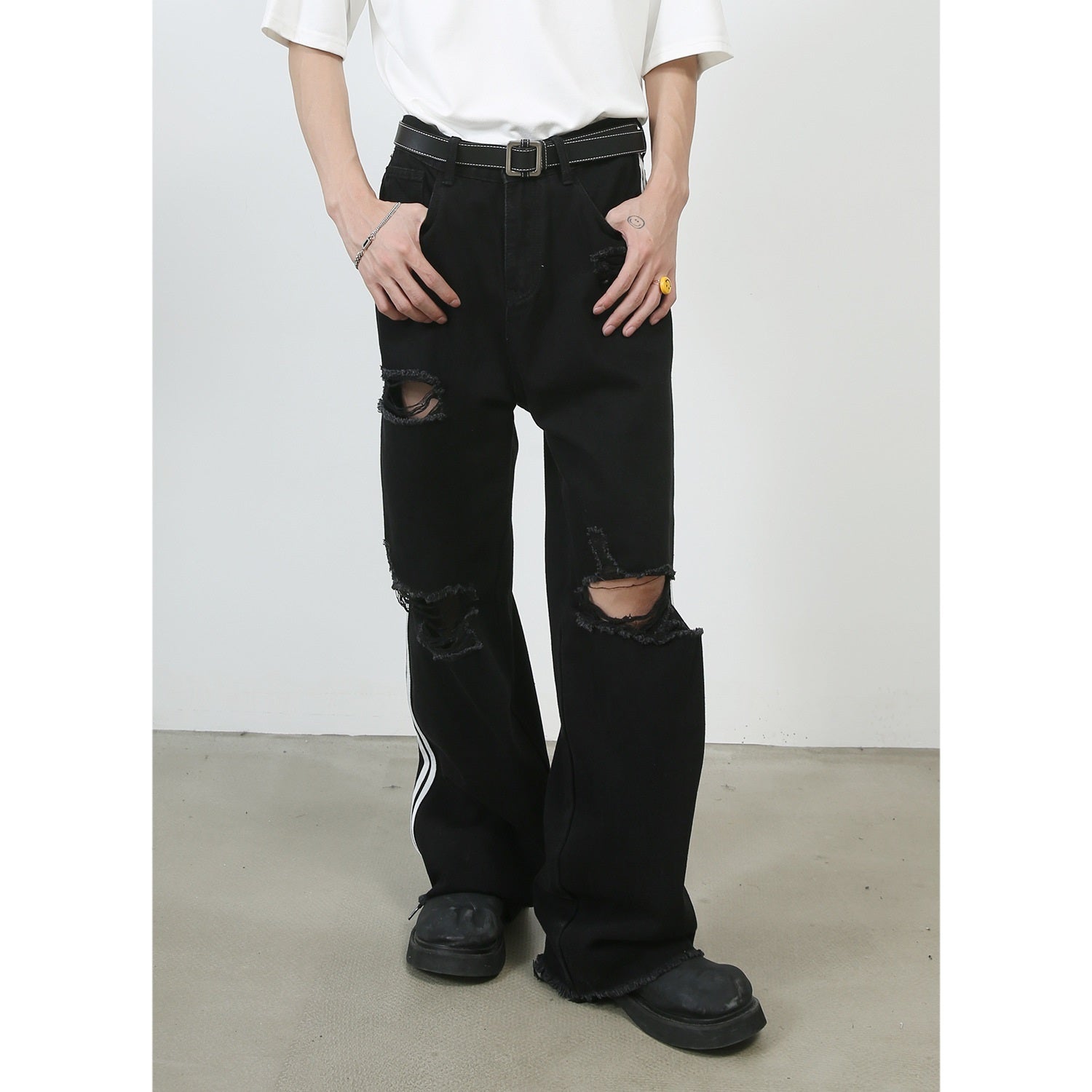 Retro Tattered Jeans Washed Wide-leg Jeans For Men Ooho