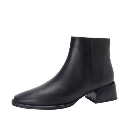 Simple All-match Soft Cowhide Boots Autumn And Winter New Thick Mid Heel Round Toe Brown Ankle Boots For Women Ooho