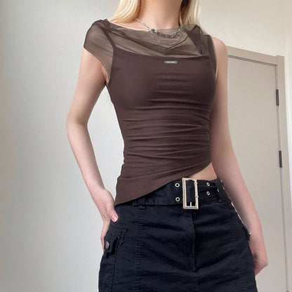 Mesh Spliced Irregular Strap Tank Top For Women Ooho
