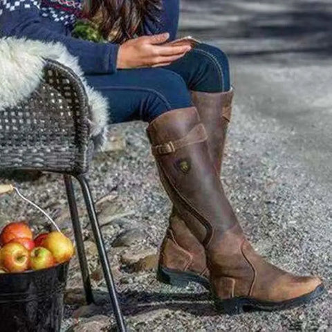 Classic Fashion Riding Western Boots Winter Knee Buckle Boots High Block Heel Round Toe Shoes For Women Ooho